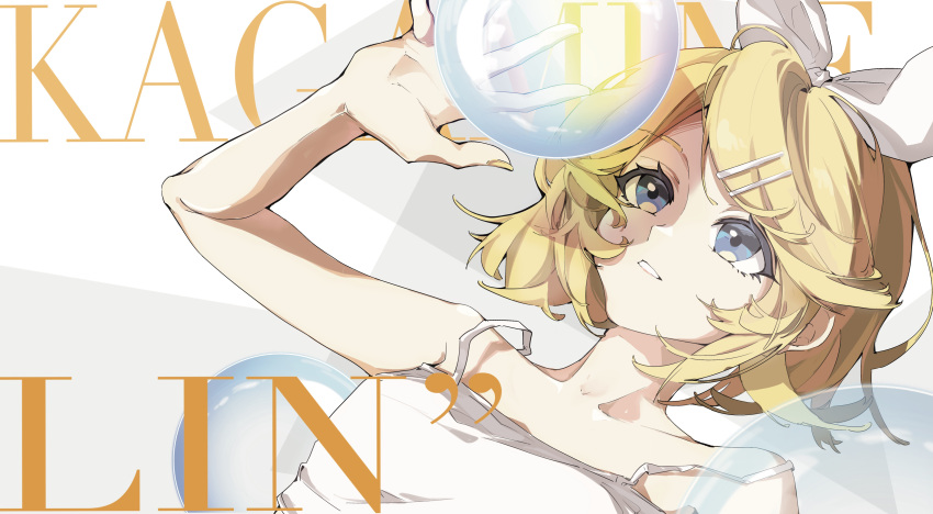 13165075695, 1girl, absurdres, bare_shoulders, blonde_hair, blue_eyes, bow, bubble