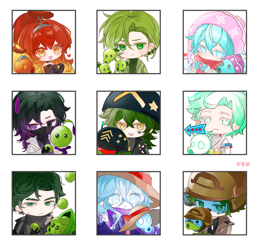 1girl, 6+boys, :3, :d, :o, aqua_eyes, aqua_hair, armband