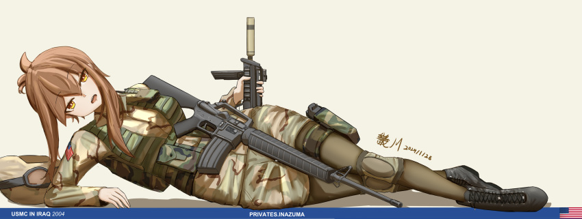 1girl, absurdres, american_flag, assault_rifle, black_boots, boots, brown_hair, camouflage