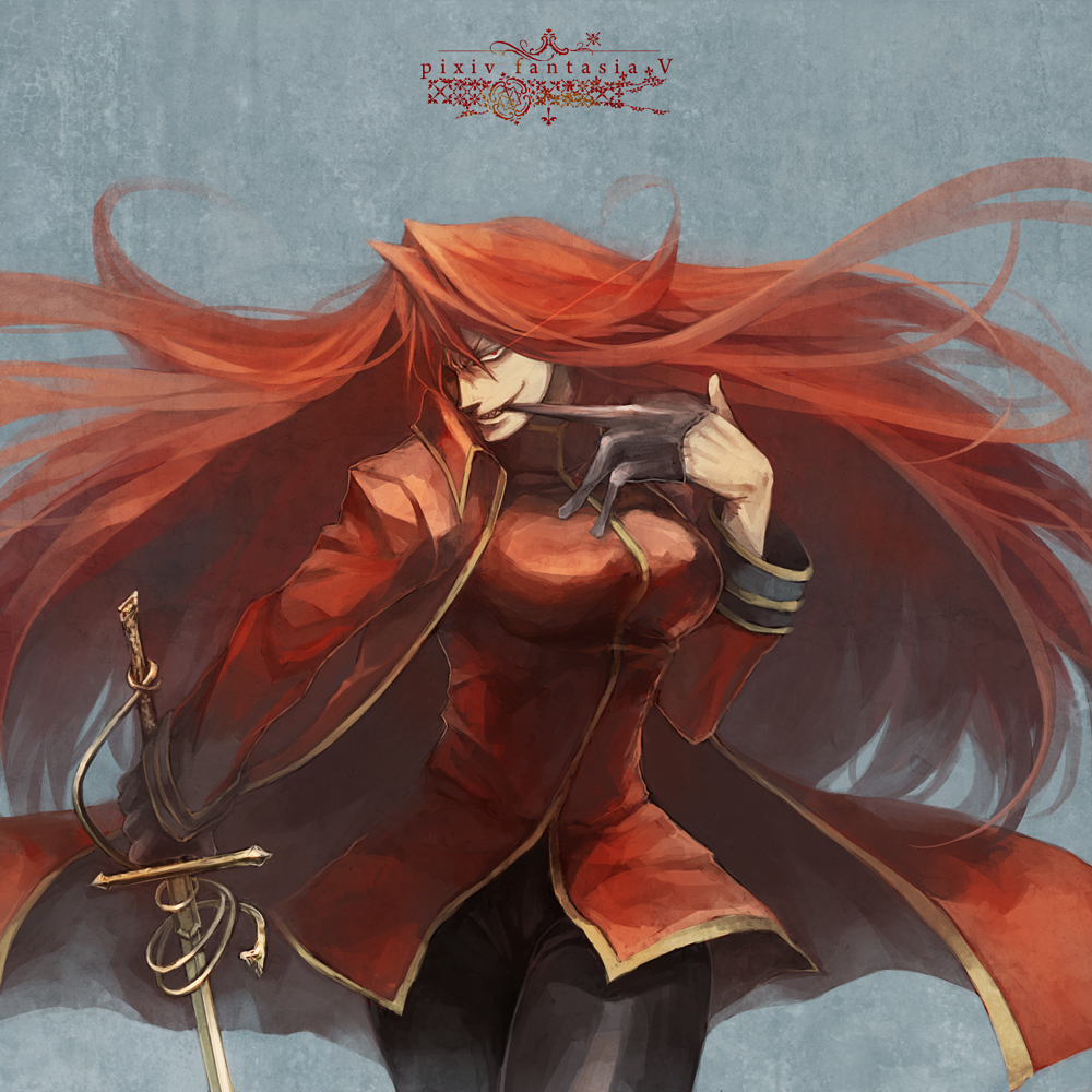 carmen_(pixiv_fantasia), gloves, grin, jacket, long_hair, mouth_hold, nishi_yukari, pixiv_fantasia