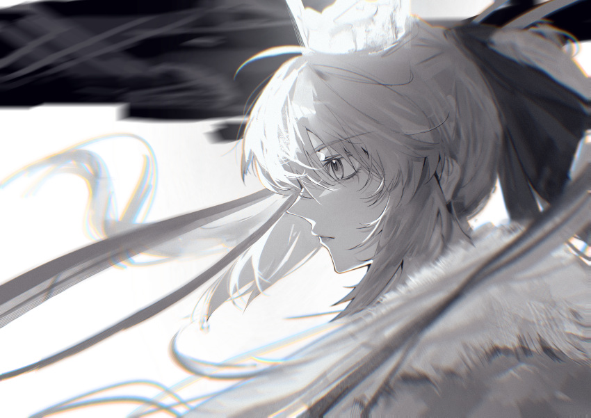 1girl, absurdres, artoria_caster_(fate), artoria_caster_(third_ascension)_(fate), artoria_pendragon_(fate), crown, fate/grand_order, fate_(series), fur_trim, greyscale, hair_ribbon, highres, long_hair, monochrome, ponytail, portrait, pppeipeipipi, ribbon, solo, upper_body, white_background