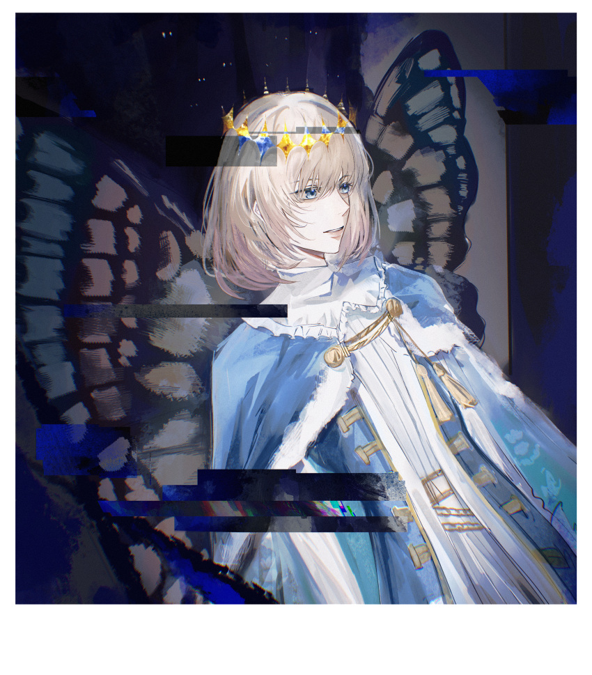 1boy, absurdres, arthropod_boy, blonde_hair, blue_eyes, butterfly_wings, cape, crown