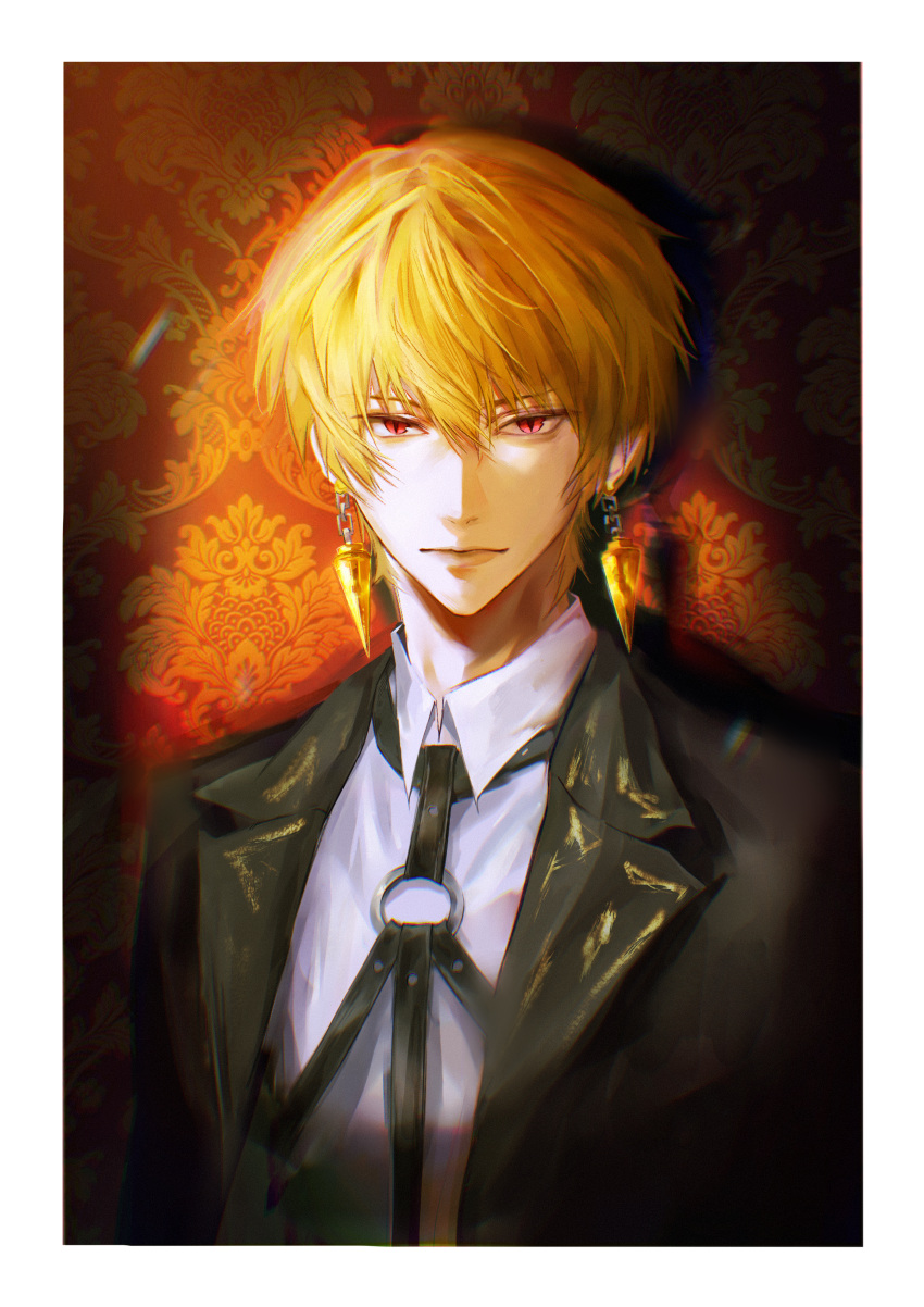 1boy, absurdres, blonde_hair, chest_harness, earrings, fate/stay_night, fate_(series), gilgamesh_(fate)