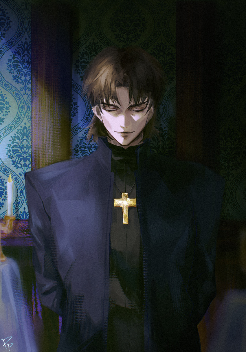 1boy, blue_coat, candle, candlestand, closed_eyes, coat, cross, fate/stay_night