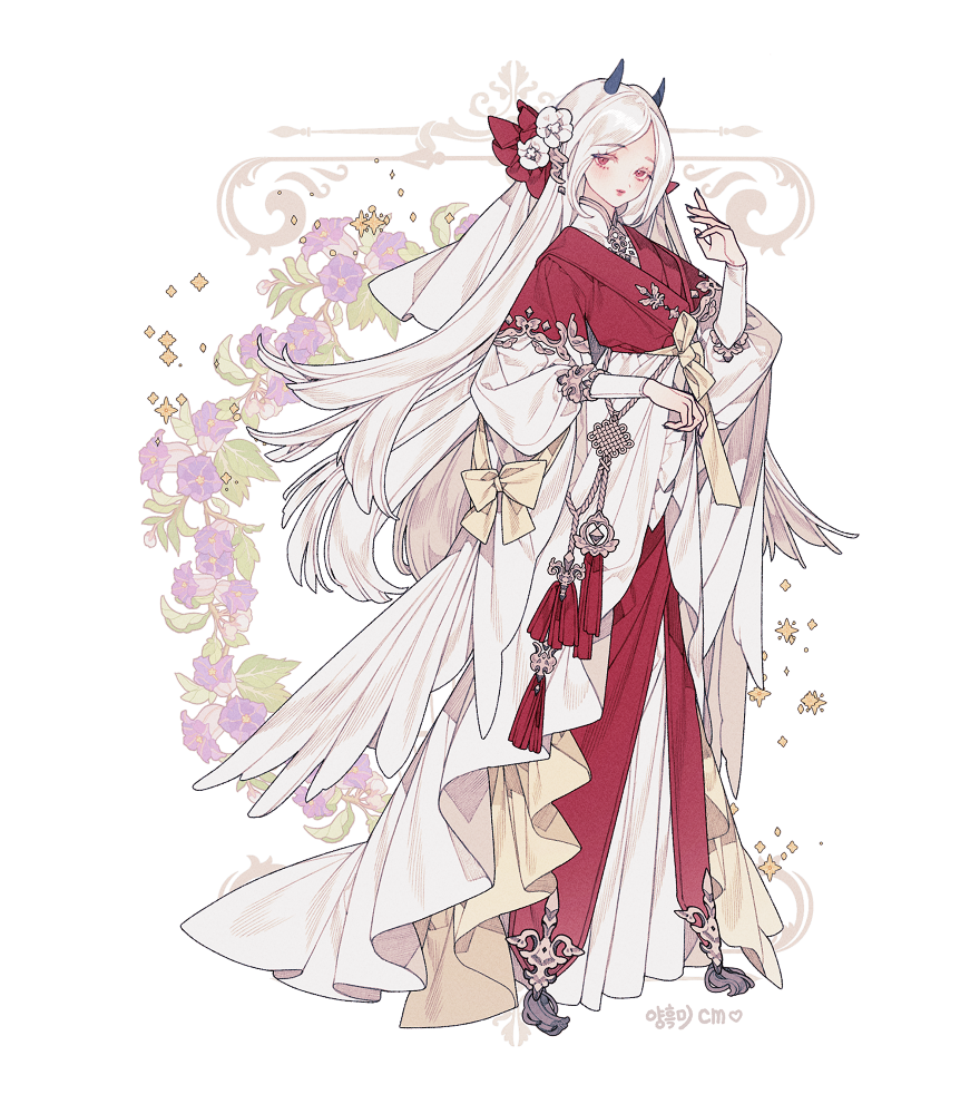 1girl, bow, chinese_clothes, commentary, commission, dress, fingernails, floral_background