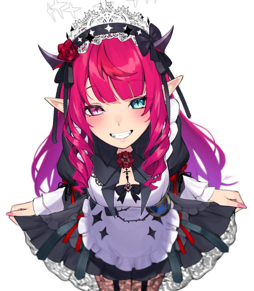 1girl, black_dress, blue_eyes, blunt_bangs, chest_bow, clothes_lift, commentary, dasdokter, double_bun, dress, drill_hair, drill_sidelocks, english_commentary, frilled_dress, frills, garter_straps, grin, hair_bun, halo, heterochromia, highres, hololive, hololive_english, horns, irys_(hololive), irys_(maid)_(hololive), juliet_sleeves, lace-trimmed_dress, lace_trim, leaning_forward, long_hair, long_sleeves, looking_at_viewer, maid_headdress, multicolored_hair, nail_polish, official_alternate_costume, official_alternate_hairstyle, pink_nails, pleated_dress, pocket_watch, pointy_ears, puffy_sleeves, purple_hair, red_hair, sidelocks, skirt, skirt_lift, smile, solo, star-shaped_pupils, star_(symbol), star_halo, streaked_hair, symbol-shaped_pupils, violet_eyes, watch
