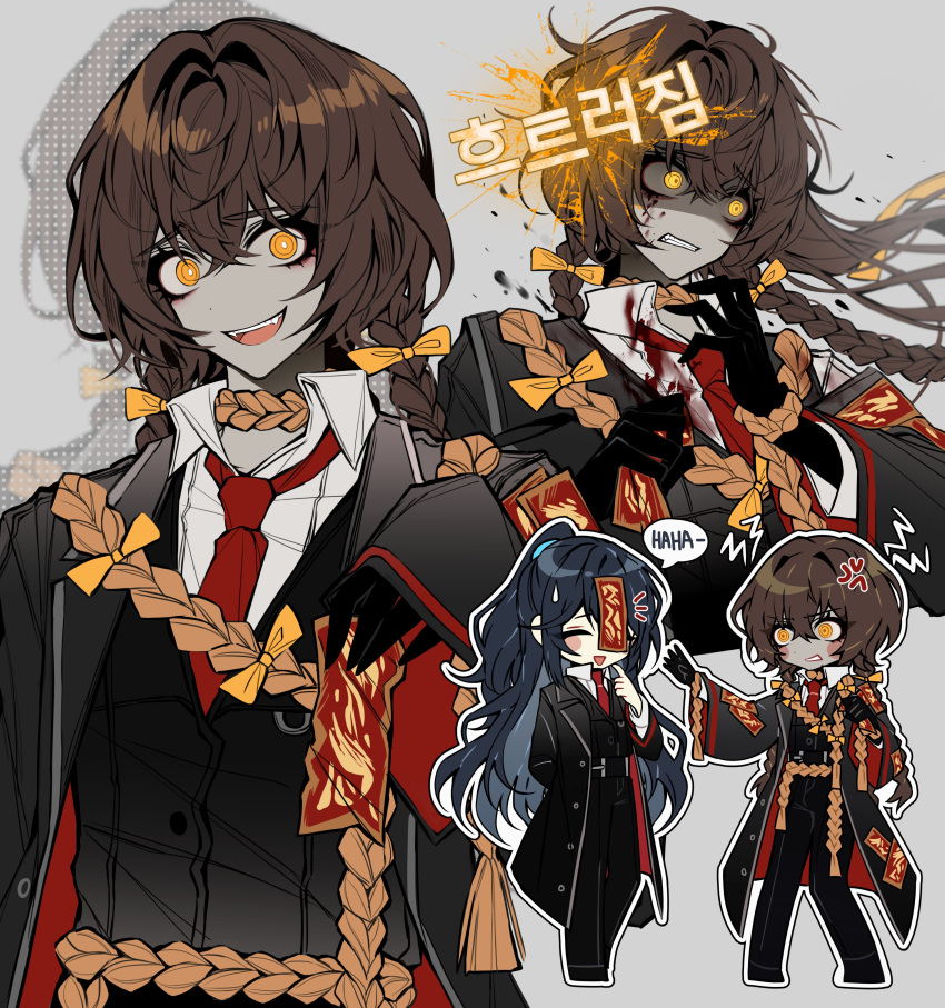 2boys, :d, ^_^, absurdres, alternate_costume, alternate_universe, anger_vein, black_coat
