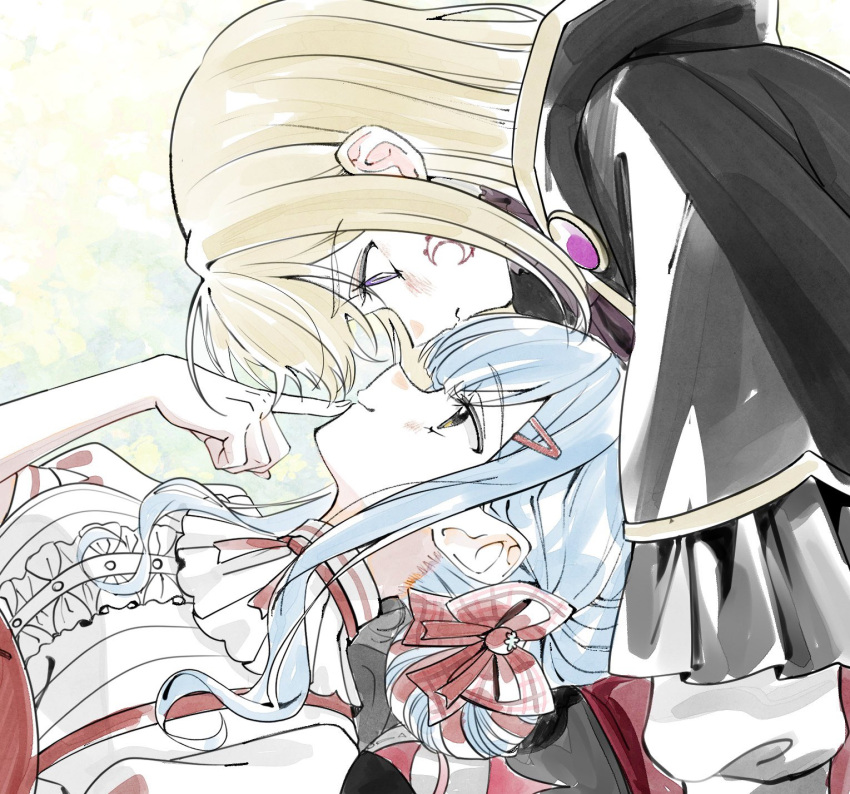 2girls, aver_(yumenokessho), bang_dream!, bang_dream!_it's_mygo!!!!!, black_capelet, blonde_hair, blue_hair, bow