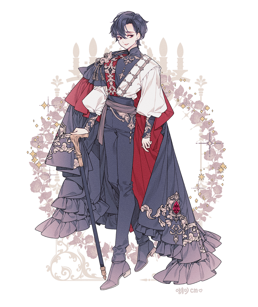 1boy, black_cape, black_eyes, black_flower, black_pants, black_rose, black_shoes, can