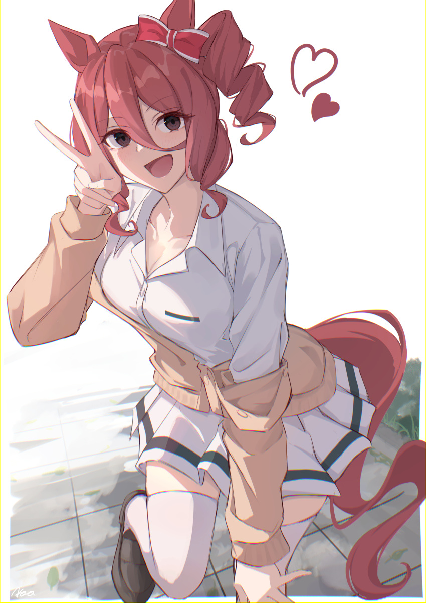 1girl, :d, absurdres, animal_ears, bow, brown_eyes, cardigan, collared_shirt