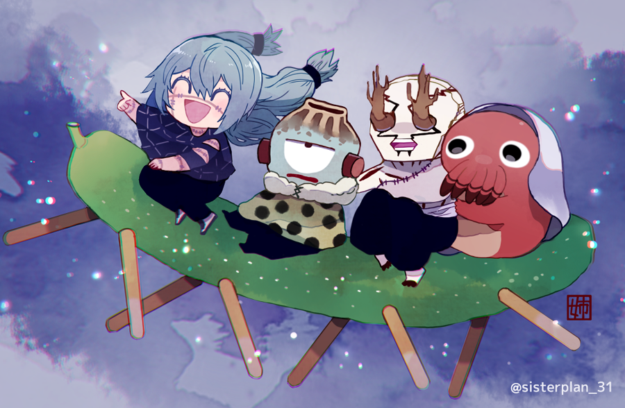 1girl, 3boys, :d, artist_name, black_eyes, blue_hair, blue_sky, branch