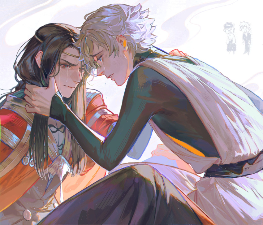 2boys, aubergrin, belt, black_belt, black_hair, black_jacket, blue_hair, cape