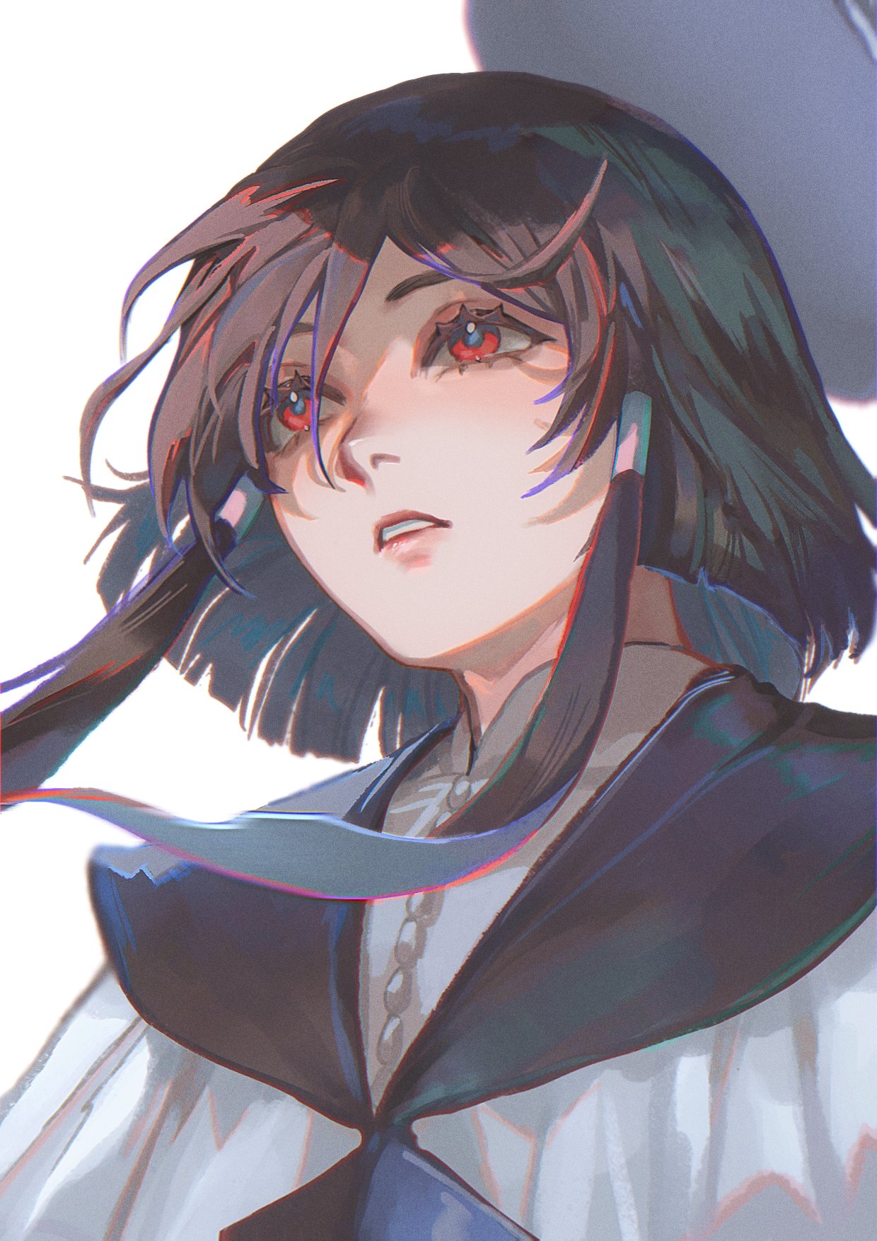 1boy, aged_down, androgynous, aubergrin, black_hair, black_sailor_collar, bob_cut, buttons, capelet, child, collared_shirt, commentary, easthies_(tongari_boushi_no_atelier), english_commentary, floating_hair, front_ponytail, hair_between_eyes, highres, ibispaint_(medium), looking_ahead, male_focus, parted_lips, portrait, red_eyes, sailor_collar, shirt, short_hair_with_long_locks, simple_background, solo, teeth, tongari_boushi_no_atelier, white_background, white_capelet, white_shirt