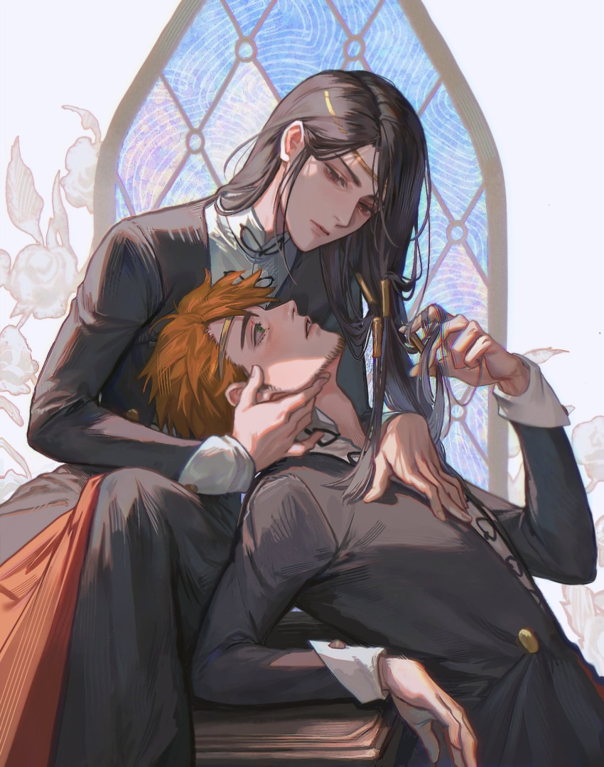 2boys, adam's_apple, aubergrin, black_hair, black_jacket, black_pants, buttons, circlet
