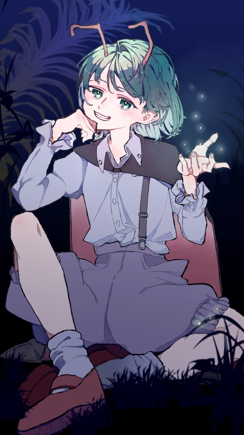 1girl, antennae, black_cape, blue_sky, blush, buttons, cape, collared_shirt