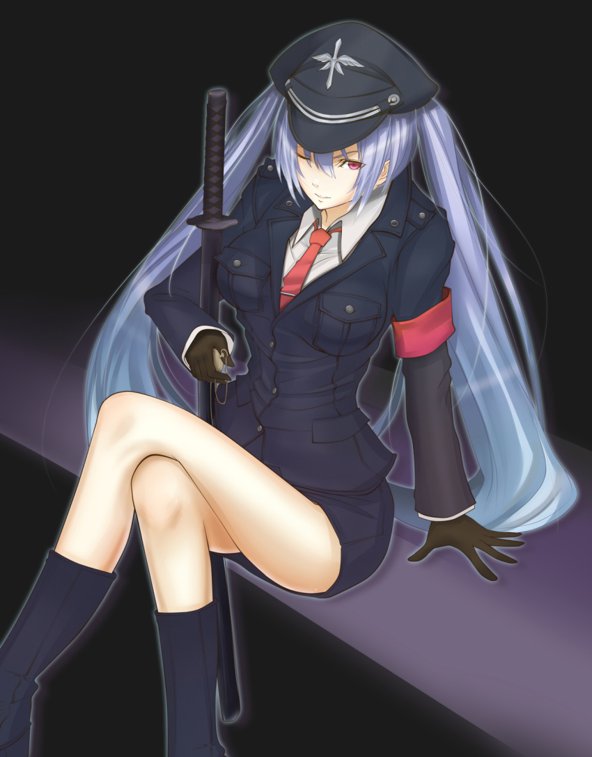 big_breasts, blue_hair, breasts, hat, highres, kagerou_(shadowmage), katana, large_breasts, legs, long_hair, military, military_uniform, one_eye_closed, original, peaked_cap, pink_eyes, red_eyes, sitting, solo, sword, twintails, uniform, very_long_hair, weapon, wink