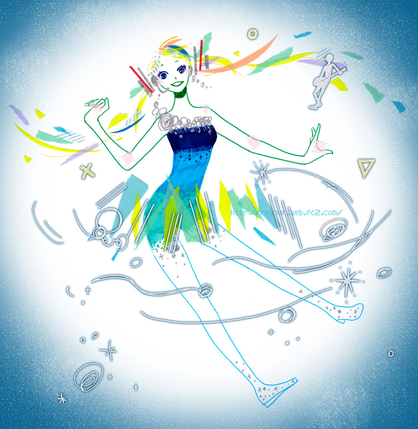 1girl, 1other, abstract, aqua_hair, bare_arms, bare_legs, bare_shoulders, blonde_hair
