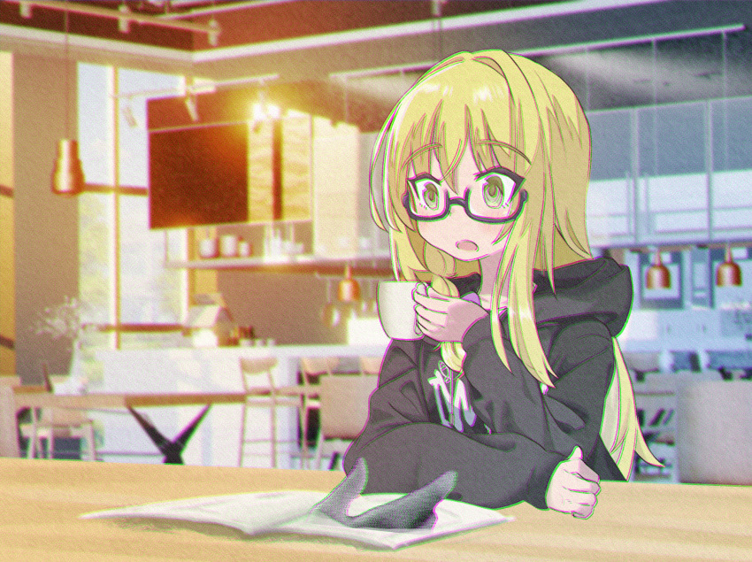 2girls, a-ha, alternate_costume, black-framed_eyewear, black_hoodie, blonde_hair, blurry, blurry_background