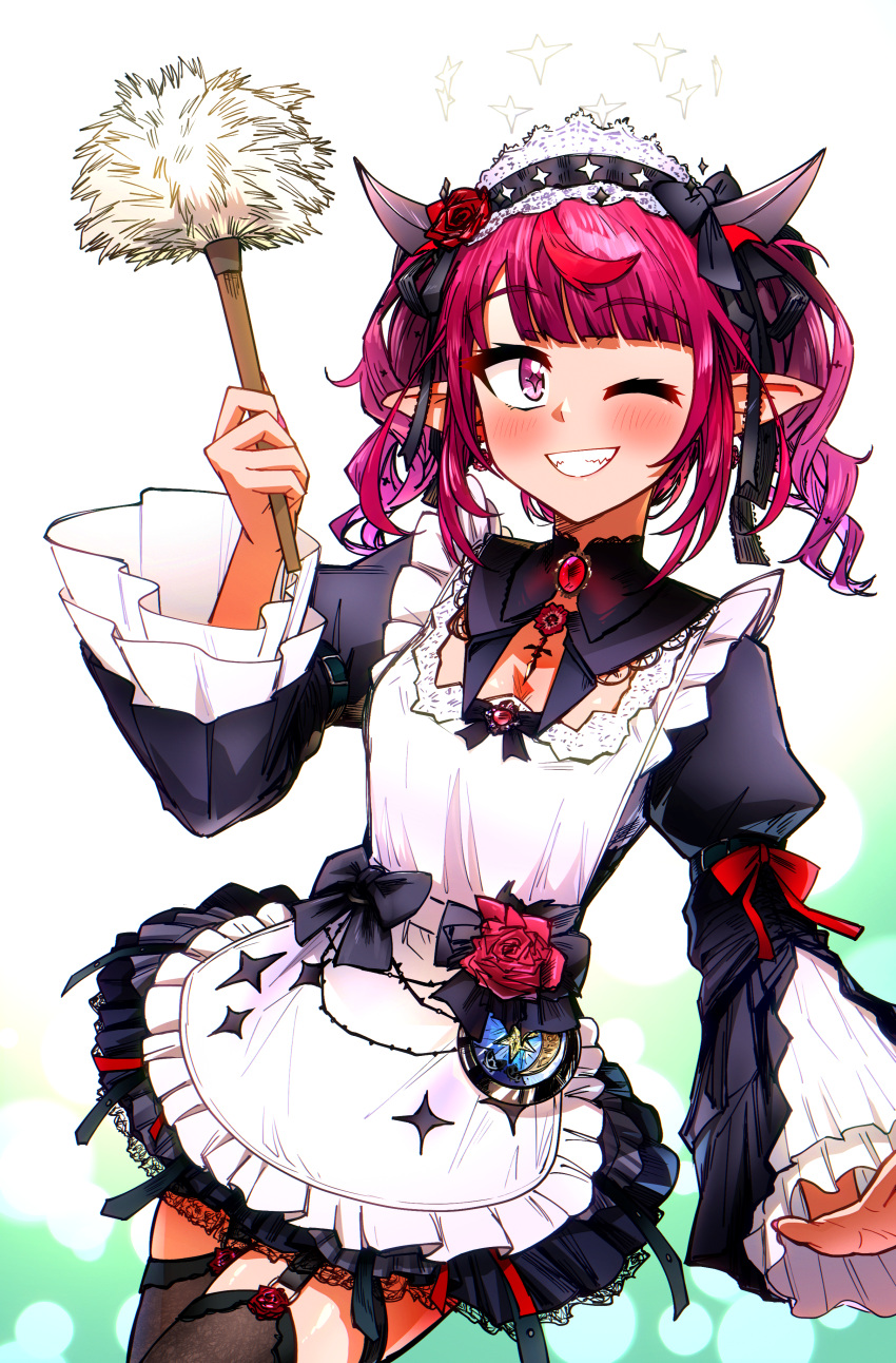 1girl, ;d, absurdres, apron, black_bow, black_ribbon, black_thighhighs, blunt_bangs