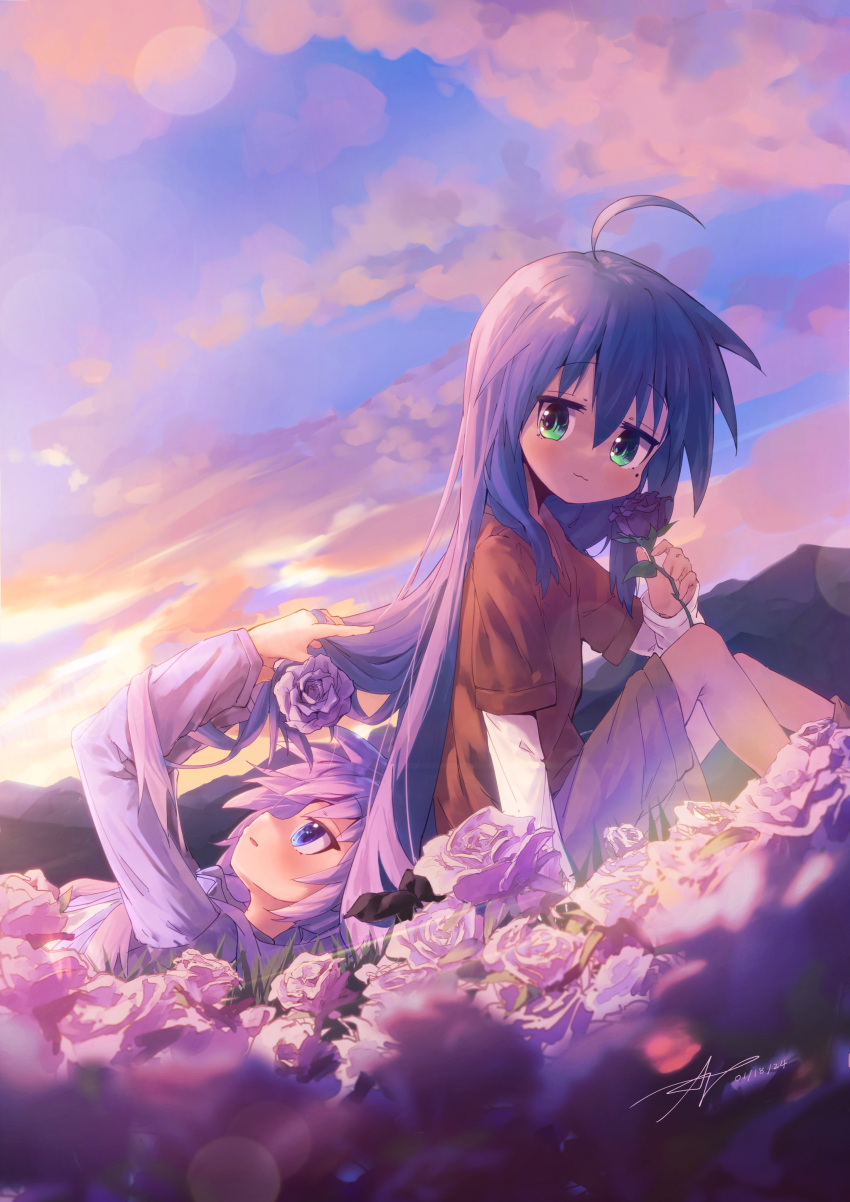 absurdres, ap04astral, black_bow, blue_eyes, blue_hair, bow, brown_shirt, dawn