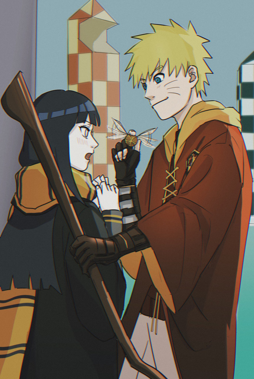 1boy, 1girl, :o, black_hair, blonde_hair, blush, broom, facial_mark