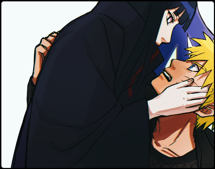 1boy, 1girl, akatsuki_uniform, black_border, blonde_hair, blue_eyes, blush, border