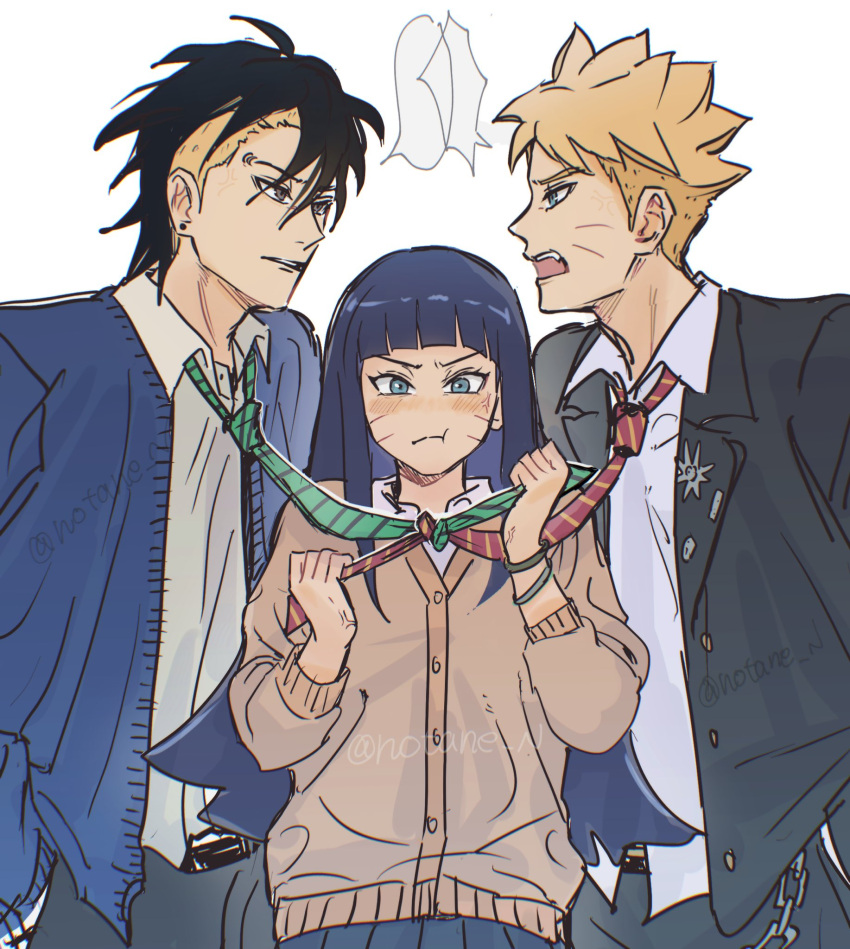 1girl, 2boys, black_hair, blonde_hair, blush, boruto:_naruto_next_generations, brown_jacket, collared_shirt, fang, highres, jacket, long_hair, multicolored_hair, multiple_boys, naruto_(series), necktie, notane_n, pleated_skirt, profile, shirt, simple_background, skirt, speech_bubble, striped_necktie, teeth, two-tone_hair, undercut, upper_teeth_only, uzumaki_boruto, uzumaki_himawari, white_background, white_shirt