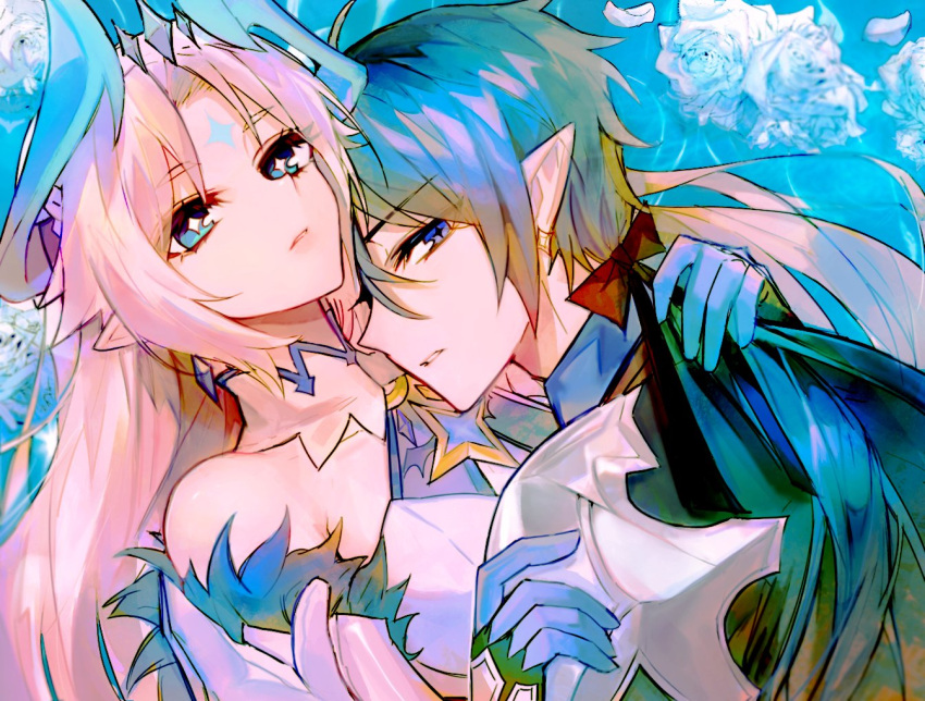 +_+, 1boy, 1girl, bare_shoulders, blue_eyes, blue_hair, blue_horns, blue_theme