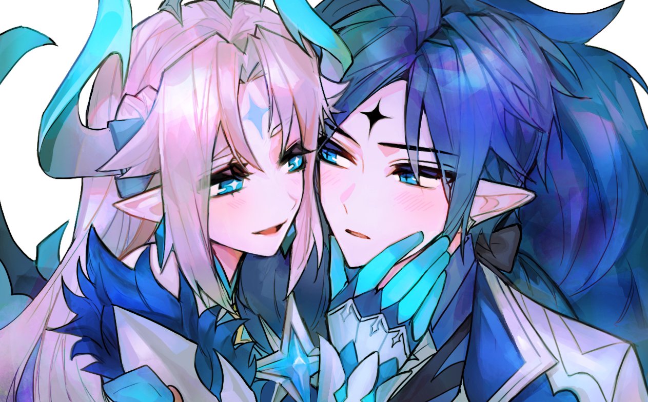 1boy, 1girl, blue_eyes, blue_gloves, blue_hair, blue_horns, chevalier_(elsword), ciel_(elsword)