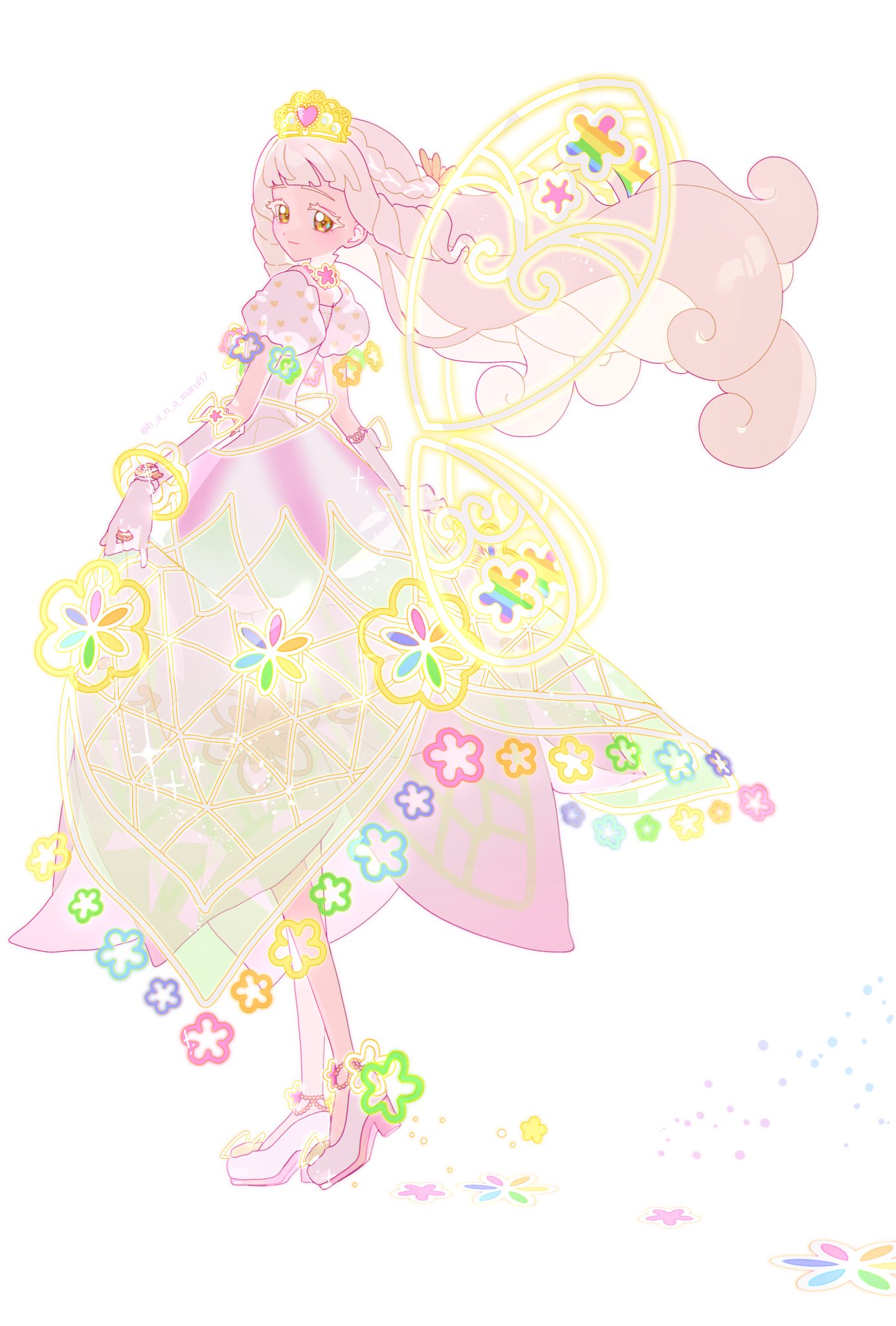 bracelet, braid, colored_eyelashes, detached_wings, dress, elbow_gloves, floating_hair, from_side, full_body, gloves, hanamaru_(h_a_n_a_maru87), highres, himitsu_no_aipri, idol, idol_clothes, jewelry, long_dress, long_hair, looking_at_viewer, looking_to_the_side, neon_lights, pretty_series, puffy_short_sleeves, puffy_sleeves, ring, shoes, short_sleeves, simple_background, standing, suzukaze_tsumugi_(princess_aipri), symbol-shaped_pupils, tiara, triangle-shaped_pupils, twitter_username, walking, white_background, white_dress, white_gloves, white_hair, white_shoes, wings, yellow_eyes