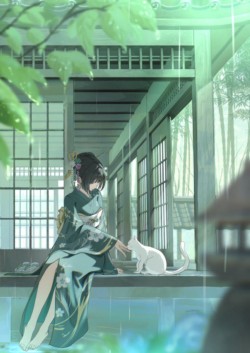 1girl, architecture, bamboo, barefoot, black_hair, blurry, blurry_foreground, cat