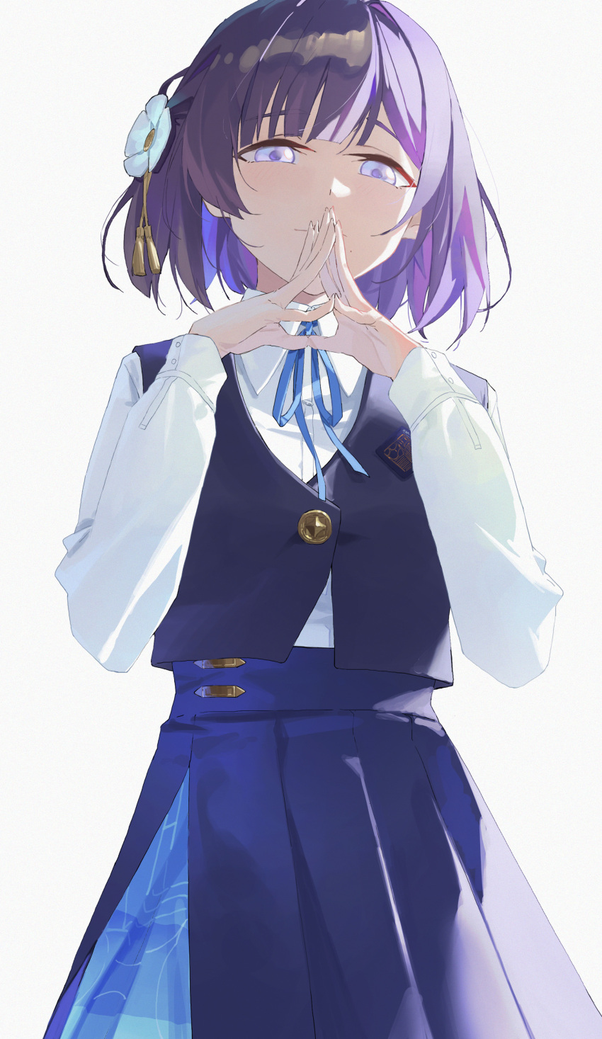 1girl, absurdres, blue_overskirt, blue_ribbon, blue_skirt, blue_vest, commentary, gakuen_idolmaster