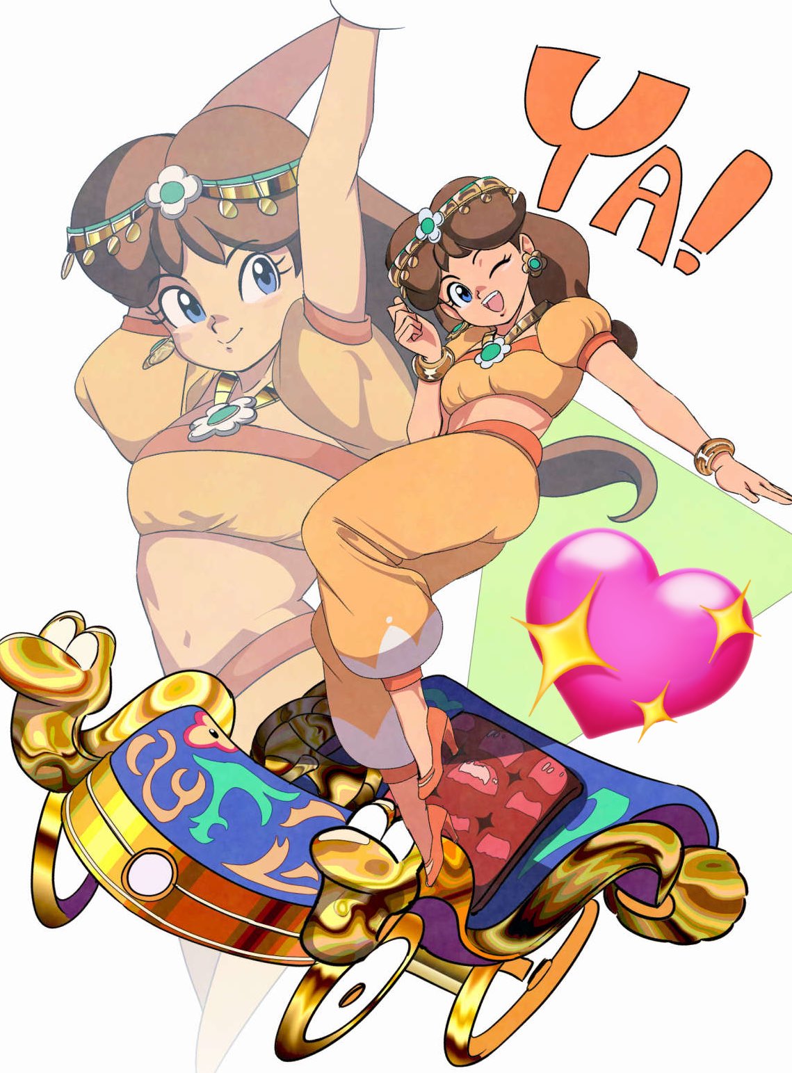 1girl, arabian_clothes, arms_up, bracelet, breasts, brown_hair, carpet_flyer_(mario_kart_world), circlet, closed_mouth, commentary, crop_top, earrings, emoji, flower_earrings, full_body, hand_up, harem_pants, head_tilt, heart, high_heels, highres, jewelry, long_hair, looking_at_viewer, looking_to_the_side, mario_kart, mario_kart_world, midriff, motor_vehicle, multiple_views, official_alternate_costume, one_eye_closed, open_mouth, orange_pants, orange_shoes, pants, princess_daisy, princess_daisy_(oasis), puffy_short_sleeves, puffy_sleeves, shimadai587779, shirt, shoes, short_sleeves, simple_background, small_breasts, smile, sparkle, sparkling_heart_emoji, super_mario_bros., teeth, upper_teeth_only, wavy_hair, white_background, yellow_shirt