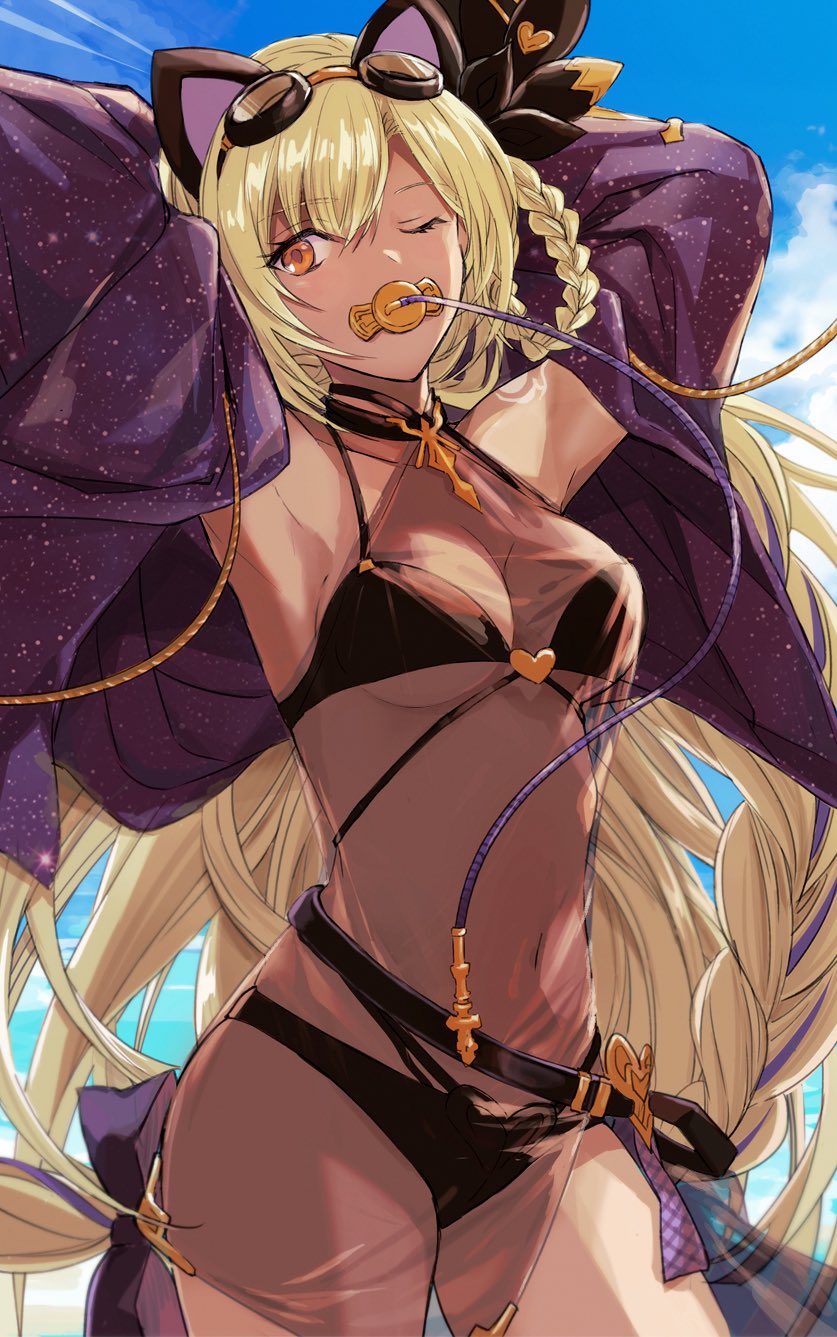 1girl, absurdly_long_hair, animal_ear_hairband, animal_ears, bikini, bikini_under_clothes, black_bikini, black_dress