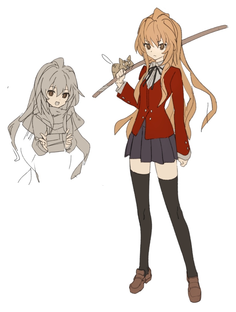 1girl, aisaka_taiga, animal_on_weapon, arm_at_side, black_thighhighs, blazer, bokken, box, brown_eyes, brown_hair, brown_shoes, chinese_commentary, closed_mouth, collared_shirt, commentary_request, dress_shirt, flat_color, full_body, gift, gift_box, grey_skirt, hair_between_eyes, hand_up, holding, holding_box, holding_gift, holding_sword, holding_weapon, jacket, kumatangent, loafers, long_hair, long_sleeves, looking_at_viewer, miniskirt, multiple_views, neck_ribbon, oohashi_high_school_uniform, over_shoulder, palmtop_tiger, pleated_skirt, red_jacket, ribbon, scarf, school_uniform, shirt, shoes, simple_background, sketch, skirt, solo, standing, sword, sword_over_shoulder, thigh-highs, tiger, toradora!, two-handed, weapon, weapon_over_shoulder, white_background, white_shirt, winter_uniform, wooden_sword, zettai_ryouiki