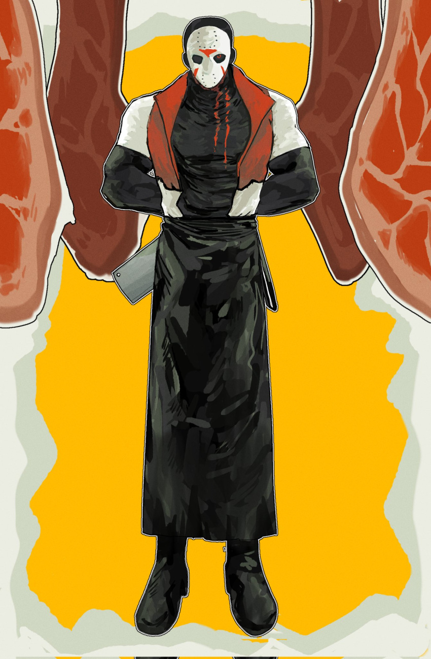 1boy, akkge, apron, arms_behind_back, black_apron, black_boots, boots, butcher
