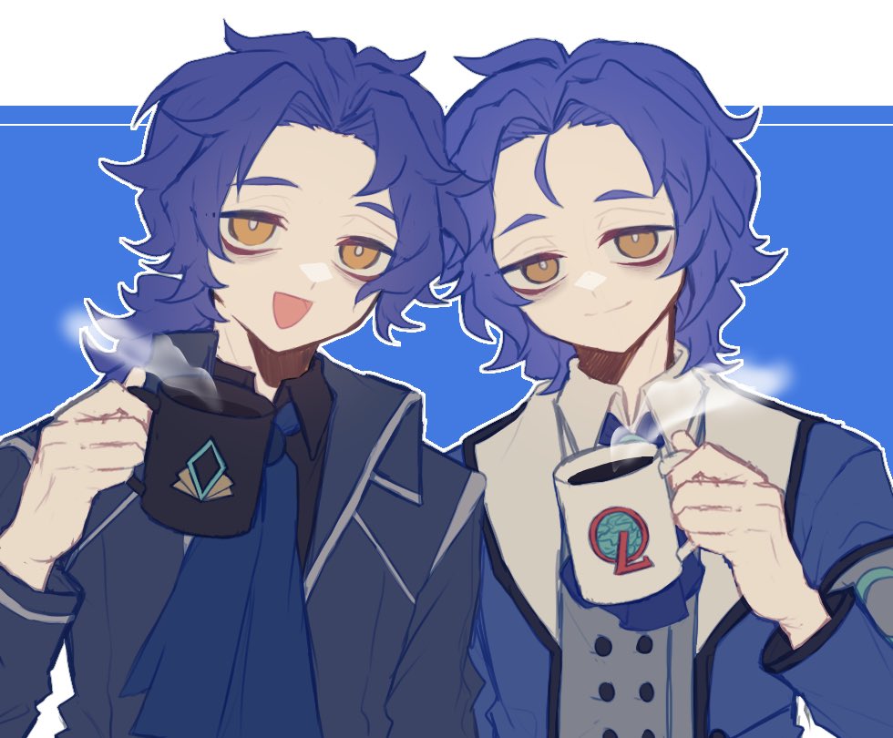 1boy, 44se2dan, bags_under_eyes, black_shirt, blue_hair, blue_jacket, chesed_(project_moon), coffee_mug, collared_shirt, cup, curtained_hair, frills, grin, holding, holding_cup, jacket, letterboxed, library_of_ruina, lobotomy_corporation, long_sleeves, looking_at_viewer, male_focus, mug, multiple_views, open_mouth, project_moon, shirt, short_hair, smile, solo, steam, white_shirt, yellow_eyes