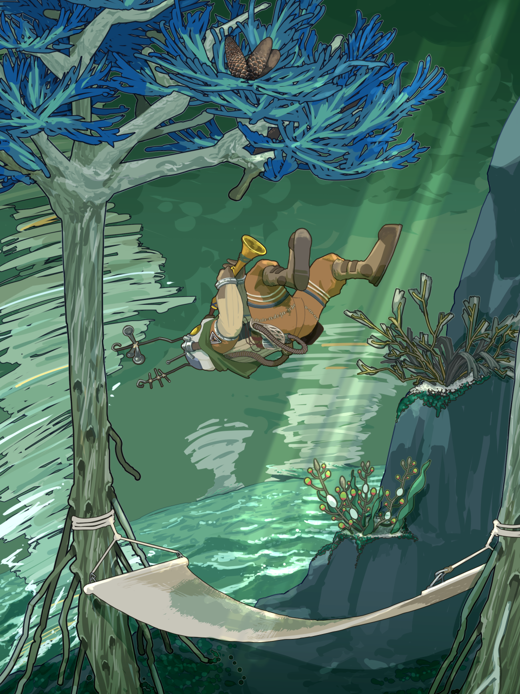 1other, brown_pants, day, floating, gabbro, green_sky, hammock, highres, holding, holding_instrument, instrument, levitation, light_rays, music, outdoors, outer_wilds, overcast, pants, playing_instrument, sasa_fistulosum, scenery, sky, solo, sunbeam, sunlight, tornado, tree