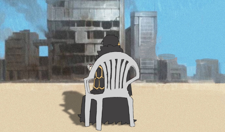 1girl, binah_(project_moon), black_cape, black_hair, bngb_love, cape, cup, devil_may_cry_(series), devil_may_cry_5, highres, holding, holding_cup, limbus_company, lobotomy_corporation, meme, monobloc_(chair), project_moon, short_hair, sitting, solo, teacup, vergil's_chair_(meme)