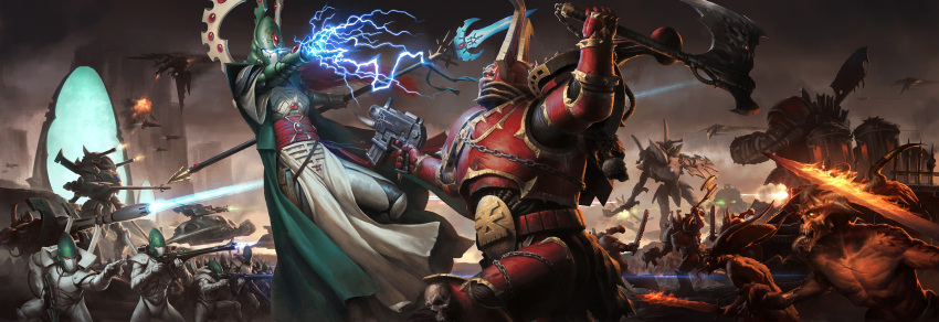 adeptus_astartes, armor, axe, battle, battle_axe, bolter, cape, casting_spell, chainsword, chaos_(warhammer), chaos_space_marine, darren_tan, demon, eldar, energy_cannon, fire, flaming_sword, flaming_weapon, full_armor, green_cape, highres, holding, holding_axe, holding_bolter, holding_polearm, holding_sword, holding_weapon, hover_vehicle, mecha, official_art, polearm, portal_(object), robot, scenery, spacecraft, sword, warhammer_40k, warhammer_40k:_conquest, weapon