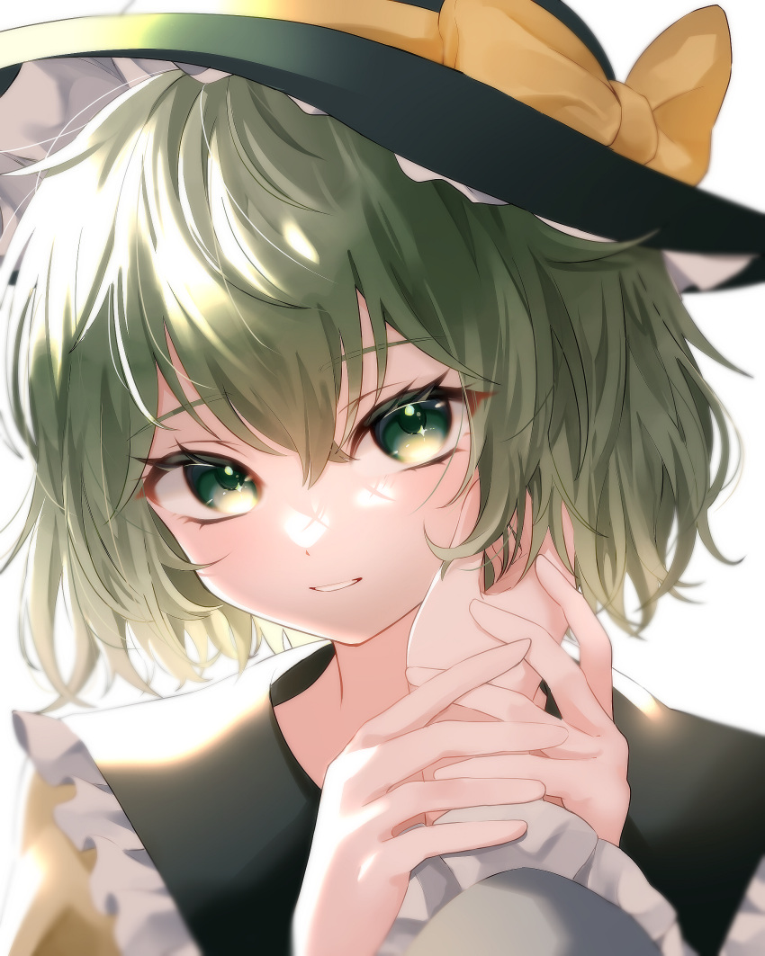 2girls, absurdres, black_hat, frilled_shirt_collar, frills, green_eyes, green_hair, hand_on_another's_cheek