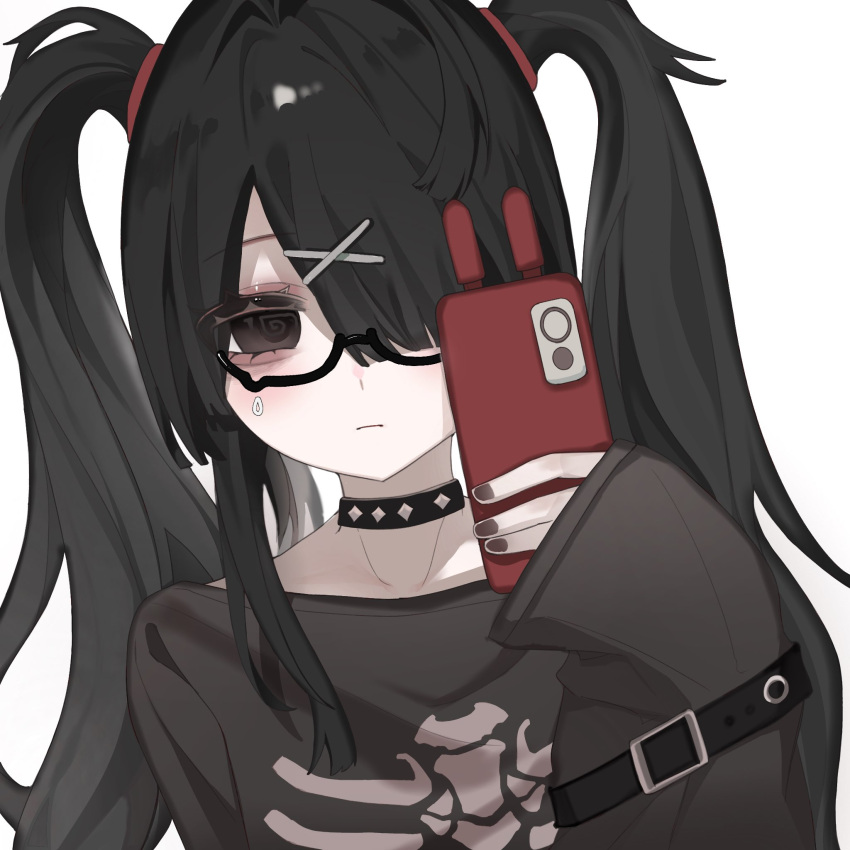ame-chan_(emo)_(needy_girl_overdose), ame-chan_(needy_girl_overdose), belt, black_choker, black_eyes, black_nails, blunt_bangs, choker, glasses, hair_ornament, hair_over_one_eye, hair_tie, highres, holding, holding_phone, long_sleeves, looking_at_viewer, needy_girl_overdose, official_alternate_costume, phone, short_twintails, sidelocks, skeleton_print, suki_72, sweatdrop, twintails, x_hair_ornament