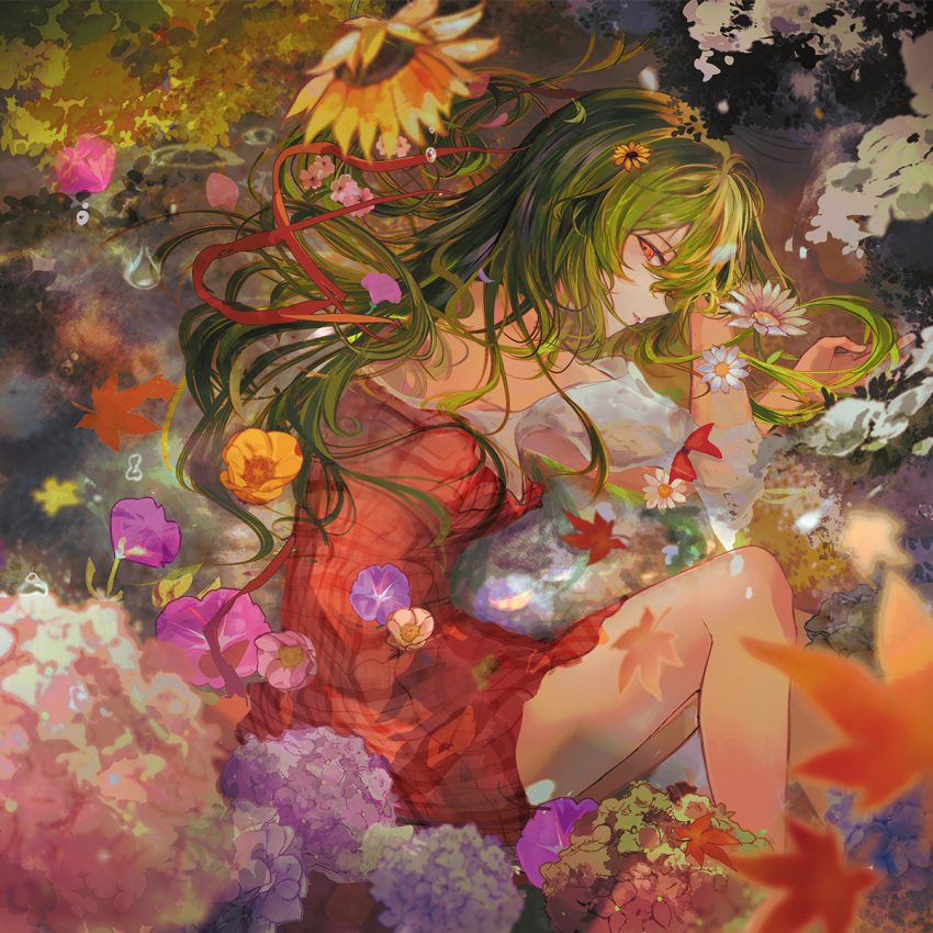 1girl, commentary, commission, dress, flower, from_side, full_body, green_hair