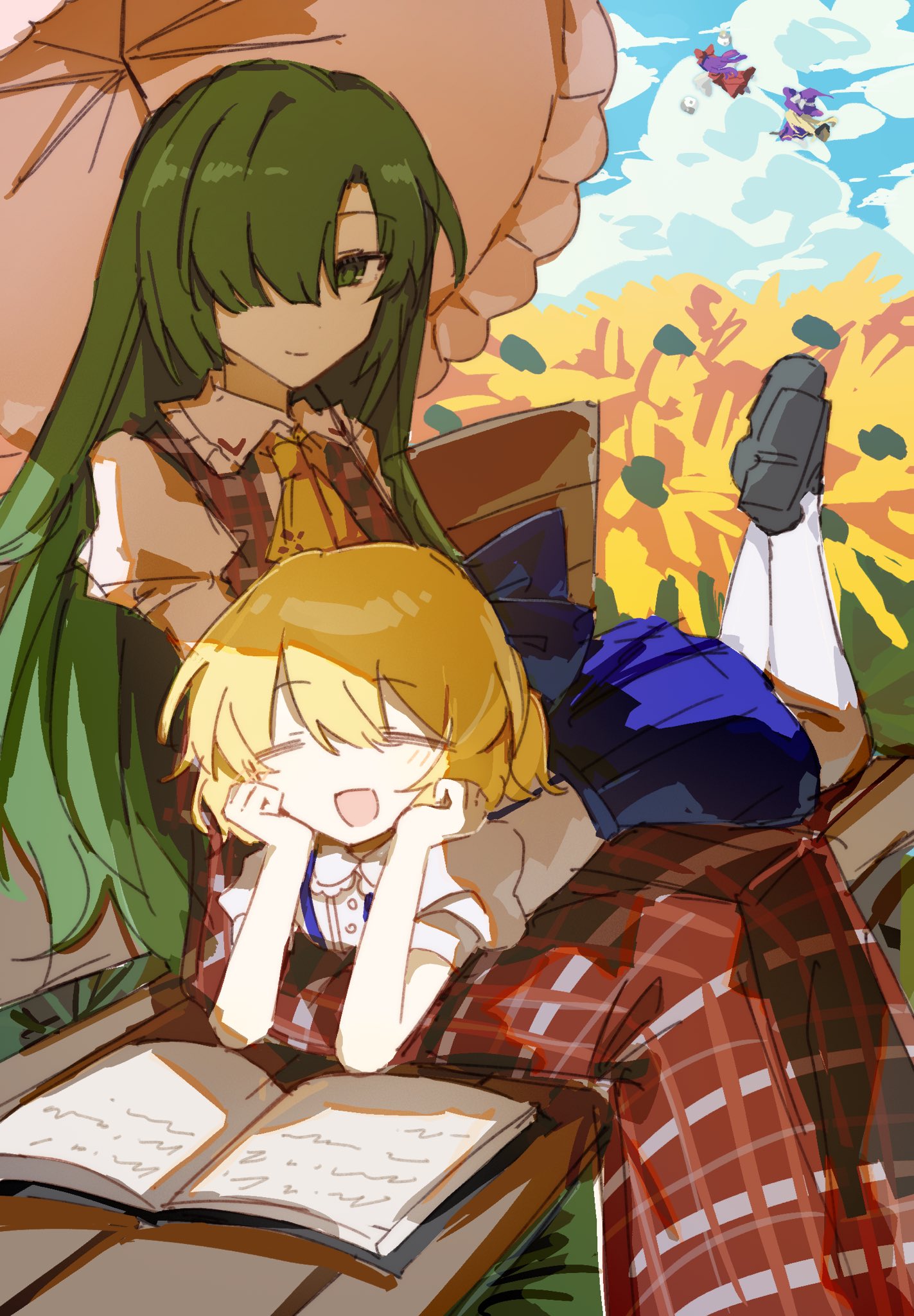 4girls, alice_margatroid, alice_margatroid_(pc-98), ascot, black_shoes, blonde_hair, book, closed_eyes