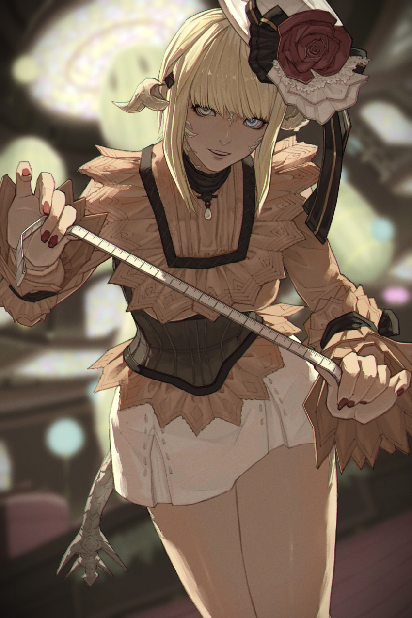 1girl, au_ra, bimel_isabella, black_corset, blonde_hair, blue_eyes, blurry, blurry_background