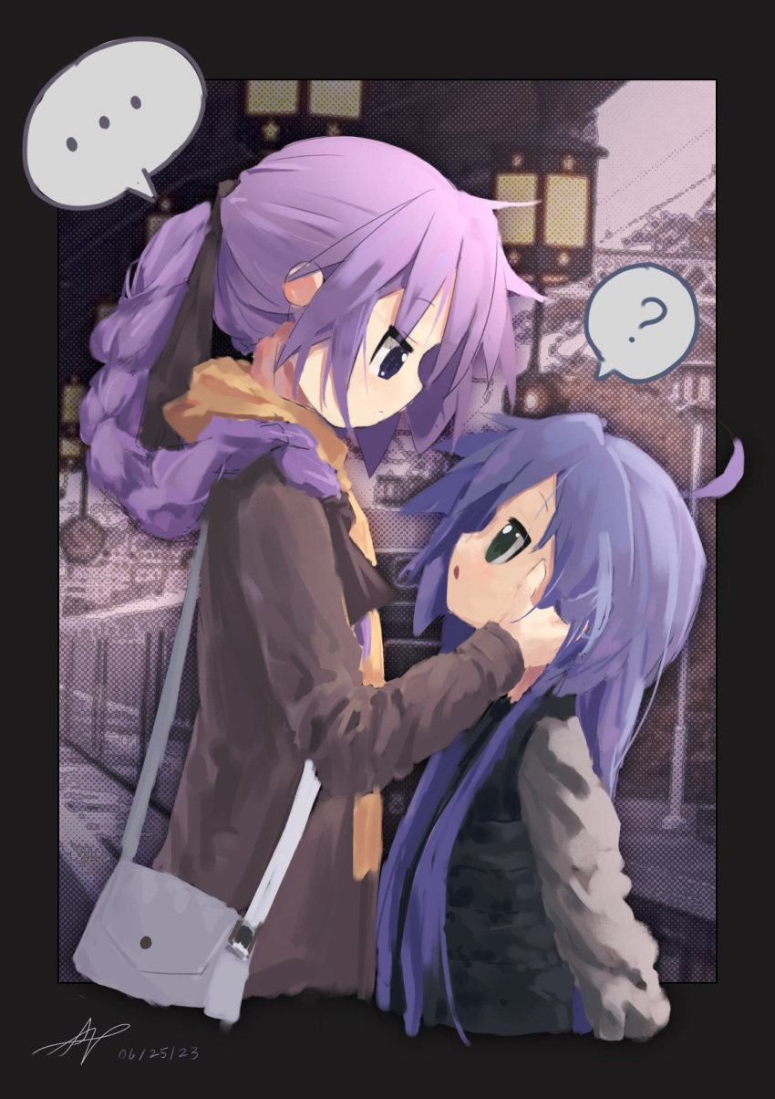 2girls, ap04astral, bag, black_bow, black_jacket, blue_eyes, blue_hair, blush