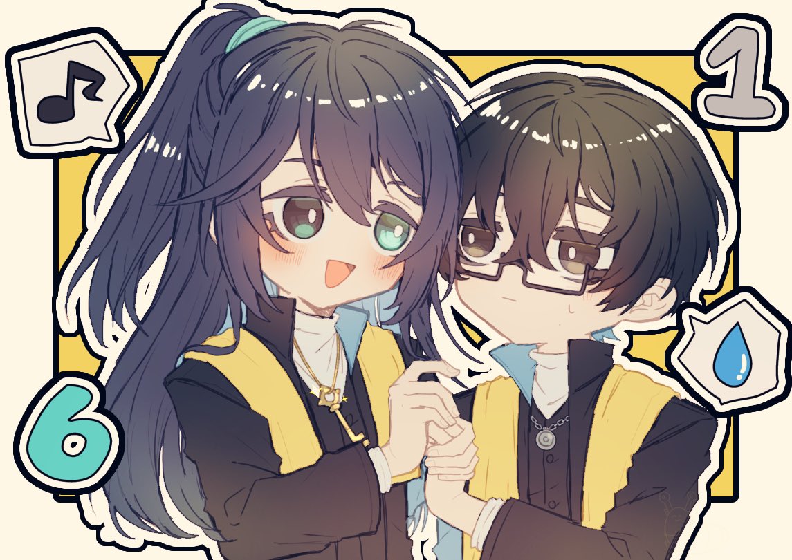 2boys, 44se2dan, black_eyes, black_hair, black_suit, blue_eyes, blue_hair, blush