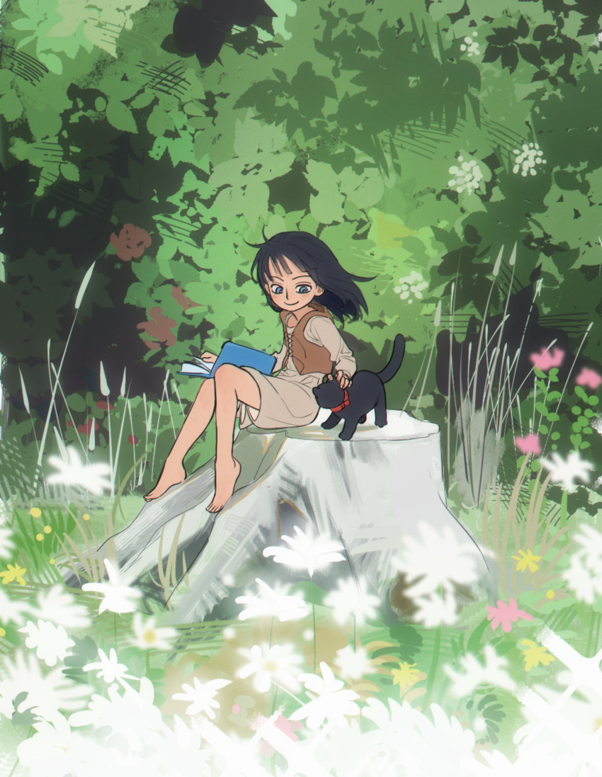 1girl, absurdres, aged_down, animal, barefoot, black_cat, black_hair, blue_eyes