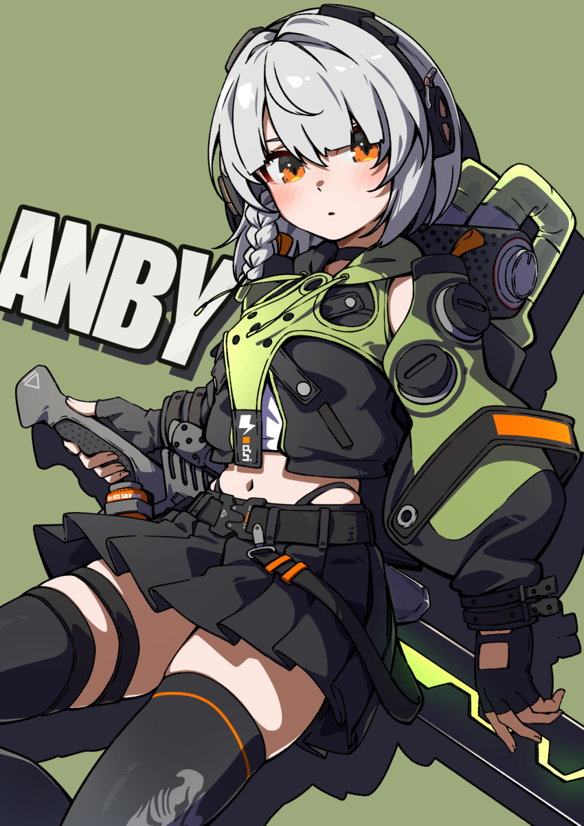 1girl, anby_demara, belt, black_choker, black_gloves, black_thighhighs, braid, breasts