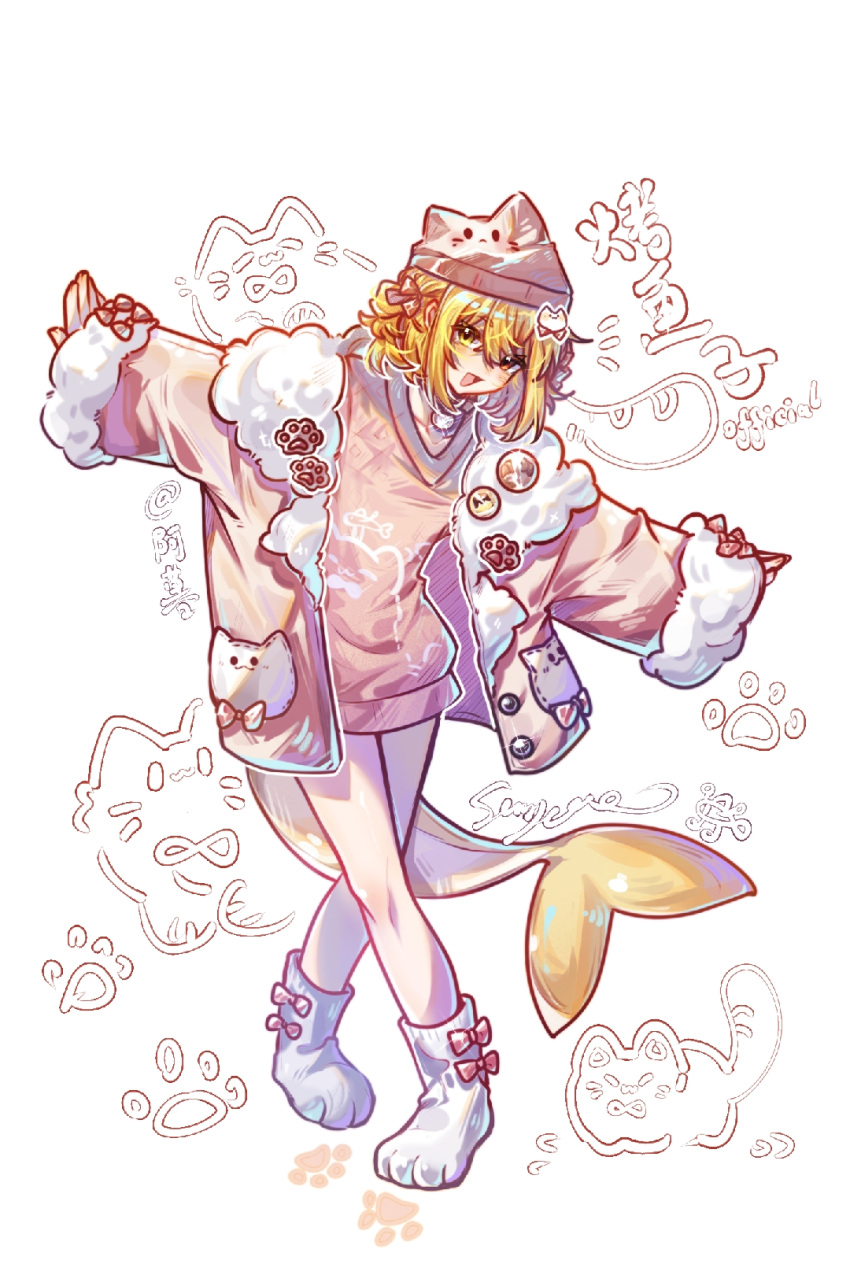 1girl, animal_hair_ornament, animal_hat, bilibili_385617619, blonde_hair, blush, bow, cat
